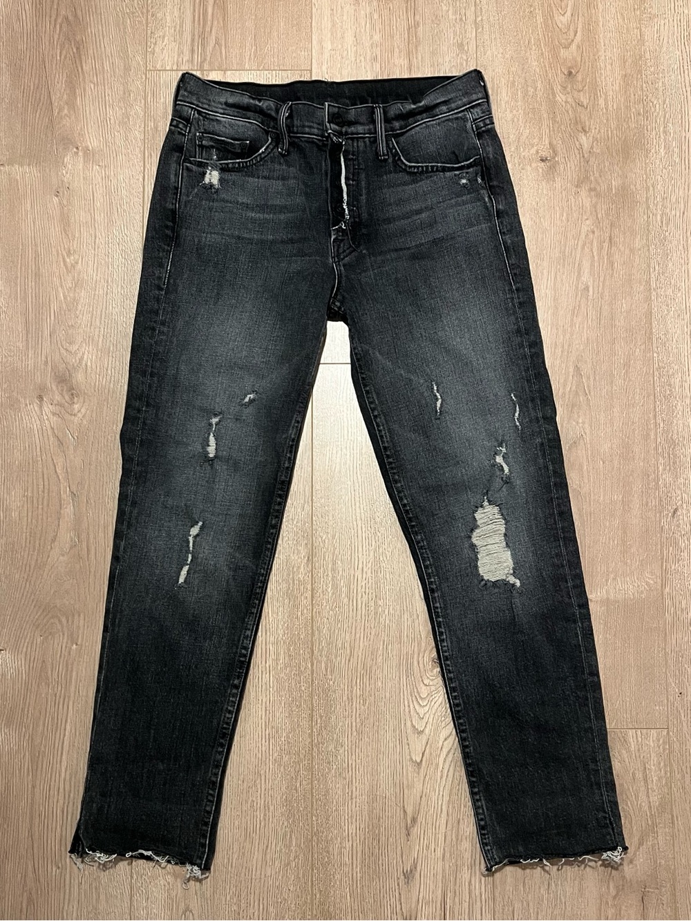 MOTHER Black Distressed Straight-Leg Jeans